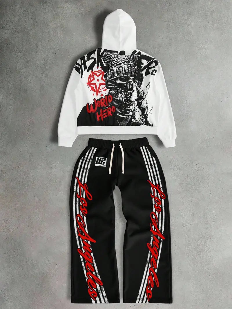 Y2K Streetwear Set for Men – Oversized Hoodie & Sweatpants with Letter Print, Anime Style