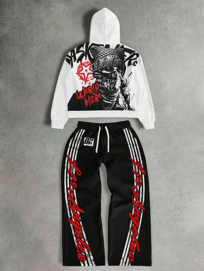 Y2K Streetwear Set for Men – Oversized Hoodie & Sweatpants with Letter Print, Anime Style