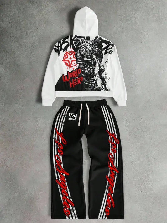 Y2K Streetwear Set for Men – Oversized Hoodie & Sweatpants with Letter Print, Anime Style