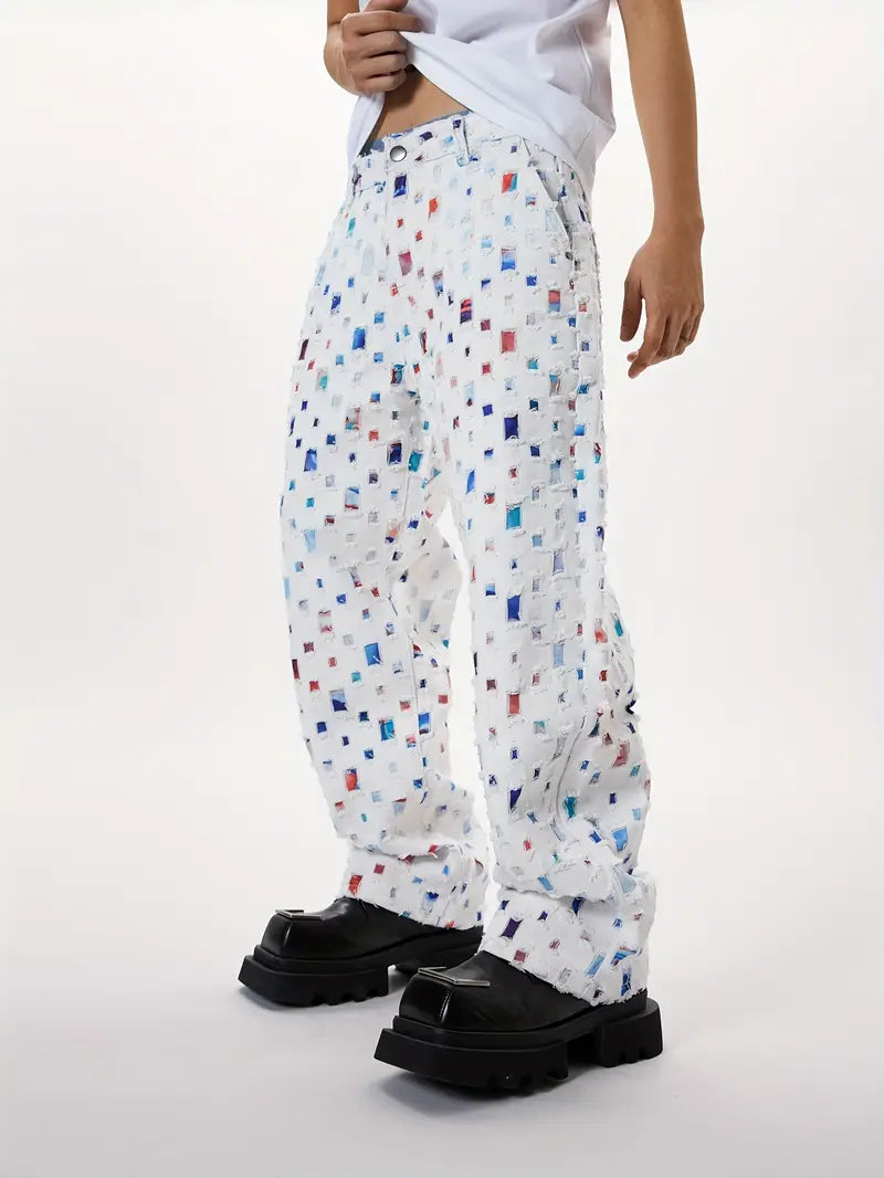 Men’s Baggy White Jeans – Y2K Skateboard Style Straight-Leg Denim with Floral Lattice Print