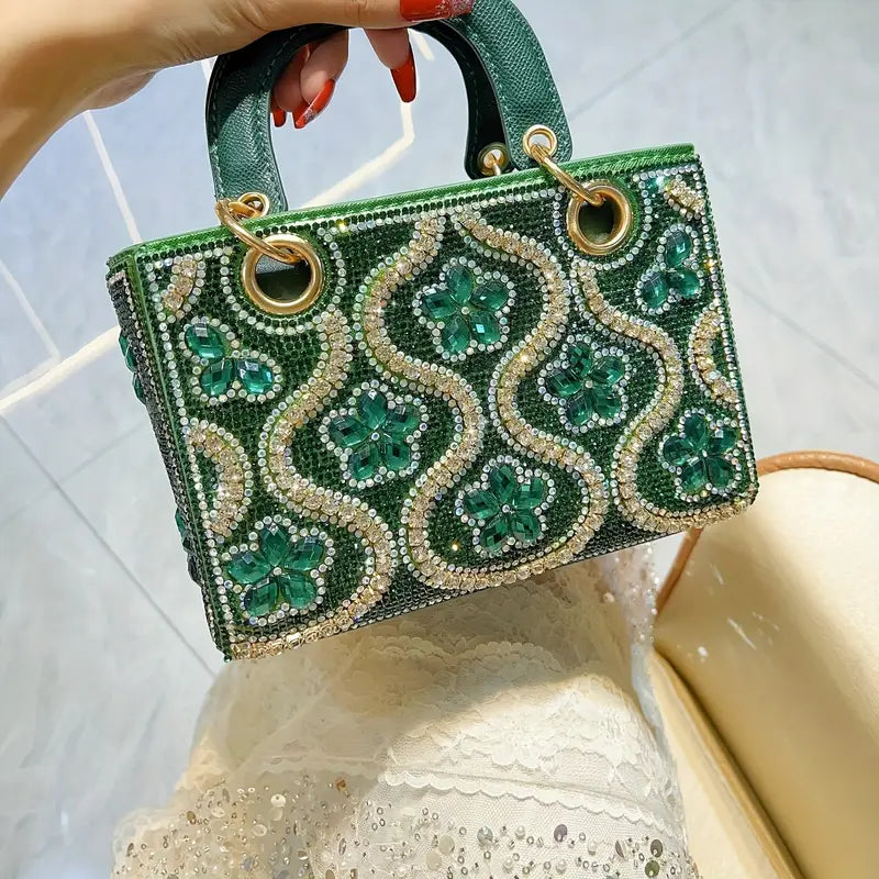 Women’s Light Luxury Small Shoulder Handbag – Genuine Leather, Rhinestone Accent, Large Capacity Dinner Bag