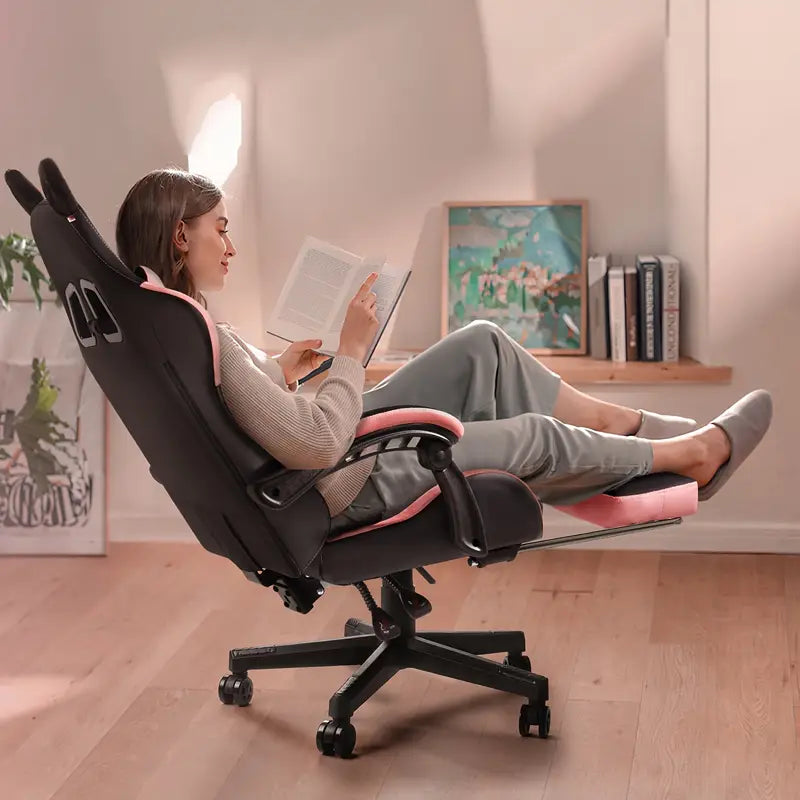 Ergonomic Gaming Chair with Cat Ear Headrest – Kawaii Style, Reclining Lumbar Support, Foam Cushion
