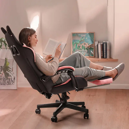 Ergonomic Gaming Chair with Cat Ear Headrest – Kawaii Style, Reclining Lumbar Support, Foam Cushion