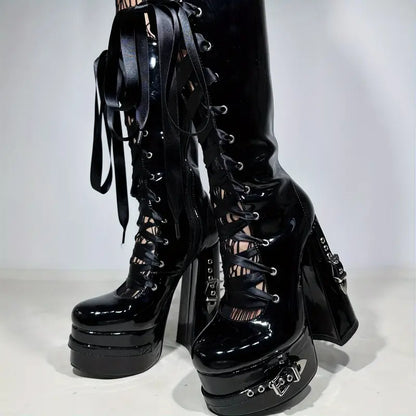 Goth Chunky Platform Knee-High Boots – Black Patent with Rivets, Satin Lace-Up, Y2K Punk Style for  & Women