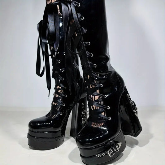 Goth Chunky Platform Knee-High Boots – Black Patent with Rivets, Satin Lace-Up, Y2K Punk Style for  & Women