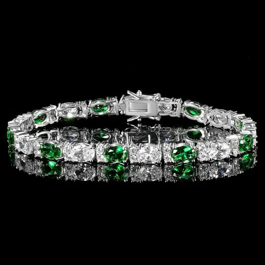 Luxurious 5mm Oval Green & White 5A Zirconia Tennis Bracelet – 18K Gold-Plated Copper, Double Clasp Closure, Elegant Hip-Hop Style for Women