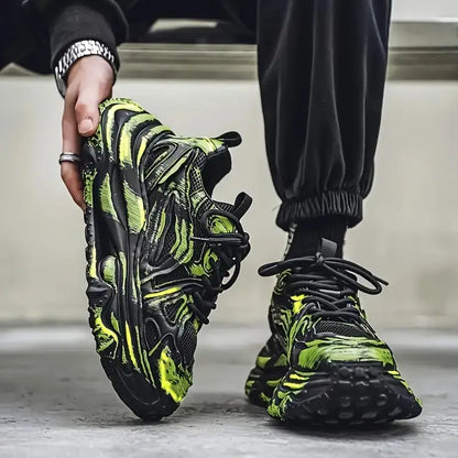 Men’s Chunky Platform Sneakers with Thick Height-Increasing Sole – Neon Green & Black, Round Toe Synthetic Upper, Arch Support, Cushioned Insole, Graffiti Style Casual Shoes for Parties, Office, Everyday Wear