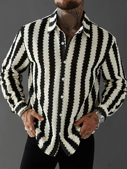 Men's Black White Striped Oversized Long Sleeve Shirt Button-Up Polyester No-Stretch for Casual Formal Wear