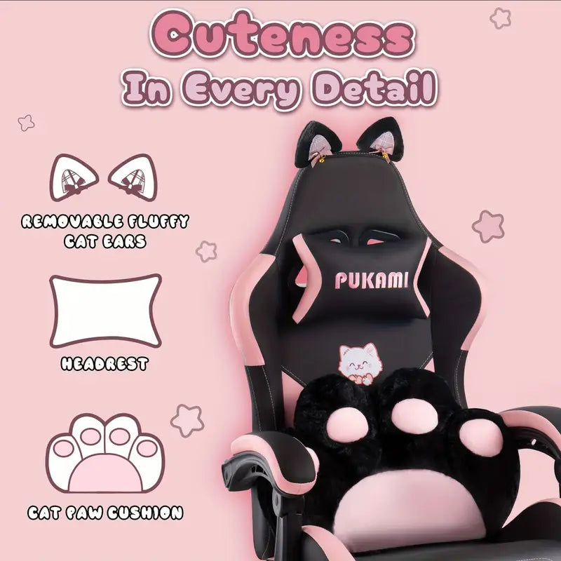Ergonomic Gaming Chair with Cat Ear Headrest – Kawaii Style, Reclining Lumbar Support, Foam Cushion