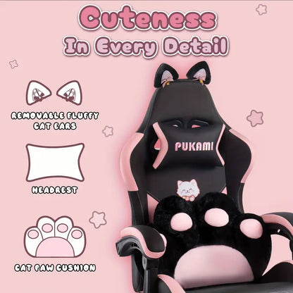 Ergonomic Gaming Chair with Cat Ear Headrest – Kawaii Style, Reclining Lumbar Support, Foam Cushion