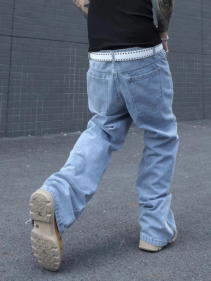 Men’s Multi-Seam Denim Pants – Solid Color Workwear Jeans with Zipper Closure & Regular Fit