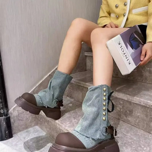 Women’s Korean Designer Chunky Platform Boots – PU Moccasin-Style Ankle Boots with Zipper Closure, Cuff Detailing & Pointed Toe for Autumn/Winter Casual & Formal Wear