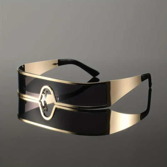 Cyberpunk Wrap-Around Fashion Glasses – One-Piece Metal Frame with Wide-Leg Lens Design, Futuristic Streetwear Eyewear
