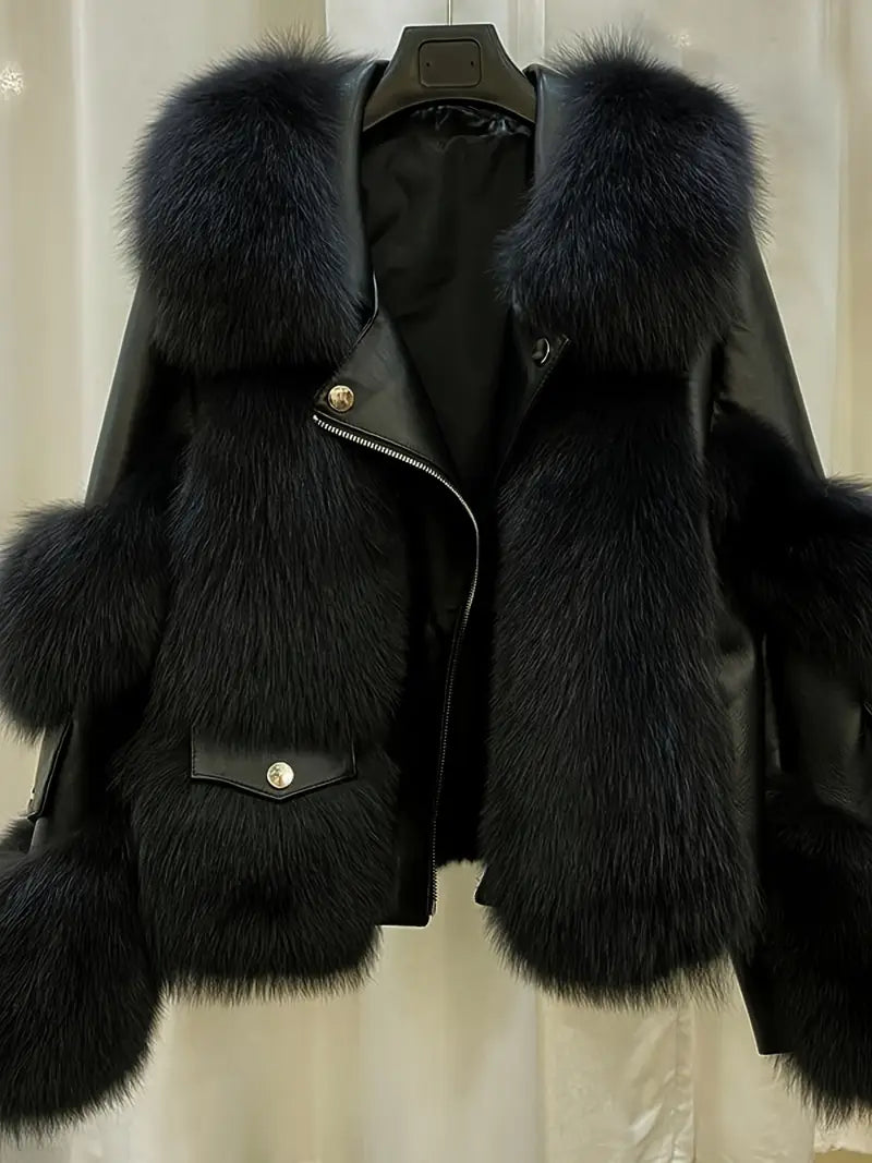 Women's Elegant Faux Fur Coat with Plush Collar Full-Length Winter Jacket Soft Lining Grey Black