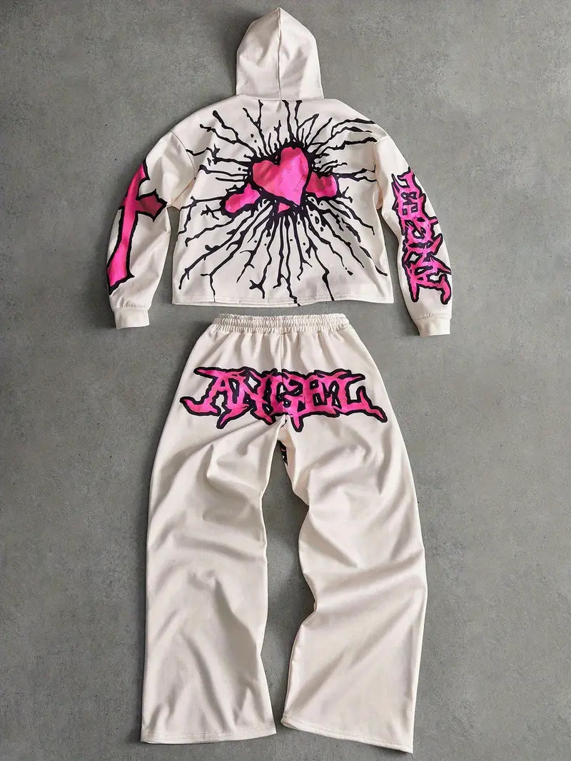 Men's 3D Angel Heart Hoodie Set Polyester Casual Streetwear Two-Piece Outfit with Graphic Sweatshirt & Pants White/Pink