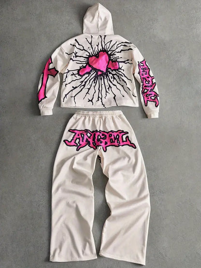 Men's 3D Angel Heart Hoodie Set Polyester Casual Streetwear Two-Piece Outfit with Graphic Sweatshirt & Pants White/Pink