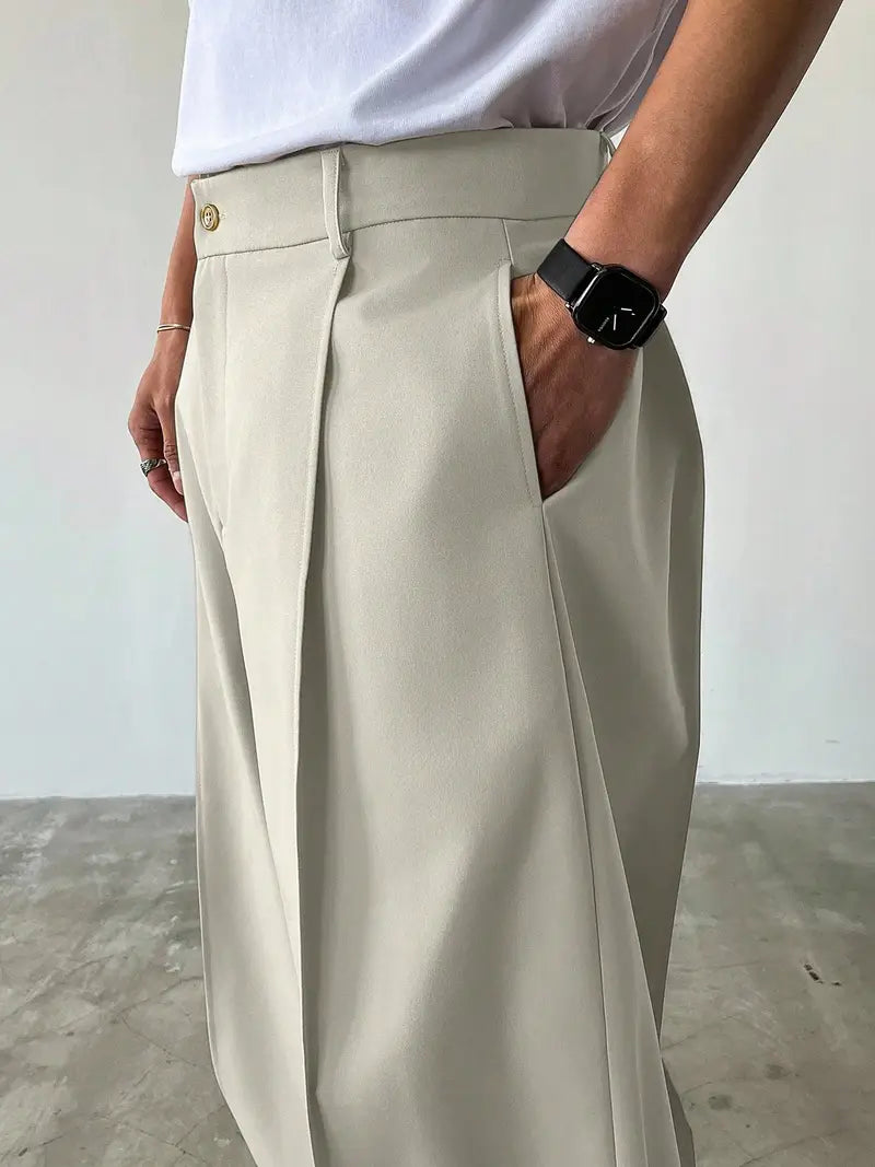 Men’s Wide-Leg Trousers – Solid Color Polyester Pants with Drawstring Waist, Casual to Formal Wear