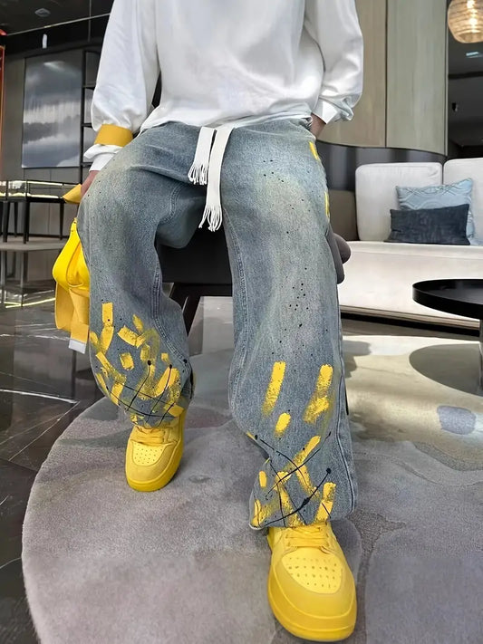 Unisex Jacquard Streetwear Jeans – Light Blue Flared Denim with Elastic Waistband & Regular Fit