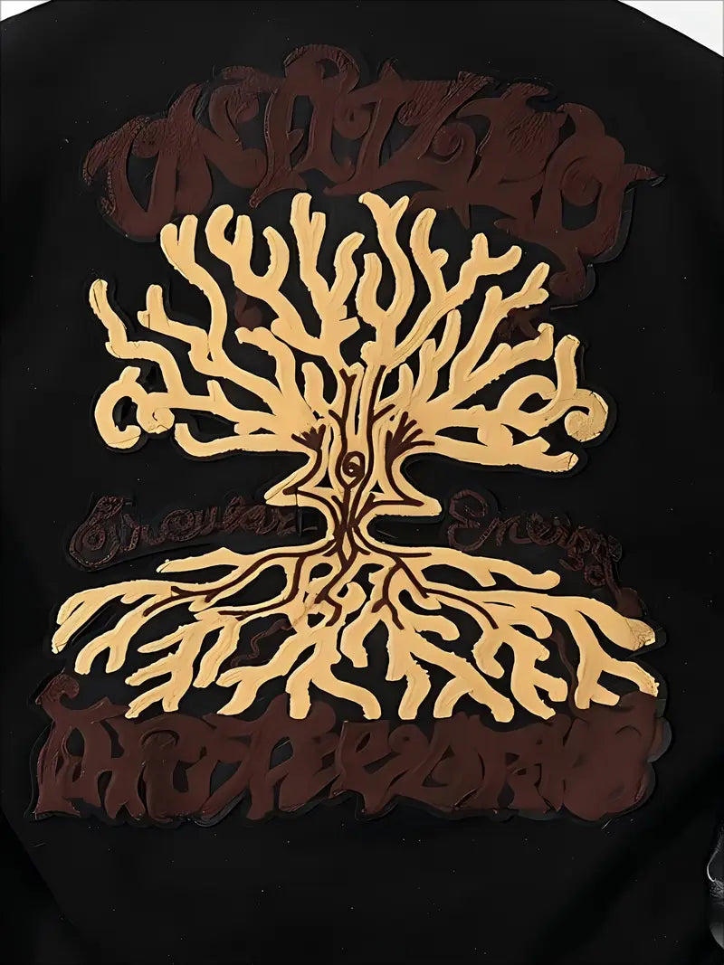 Men's Embroidered Striped Jacket Button-Up Lapel Casual Long Sleeve Outerwear for Fall Winter Black