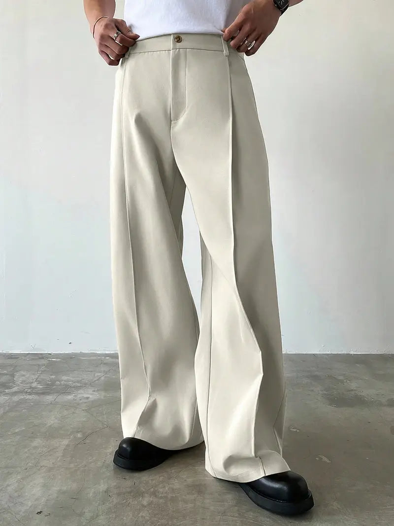 Men’s Wide-Leg Trousers – Solid Color Polyester Pants with Drawstring Waist, Casual to Formal Wear