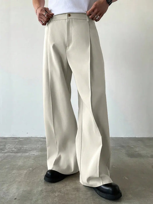 Men’s Wide-Leg Trousers – Solid Color Polyester Pants with Drawstring Waist, Casual to Formal Wear