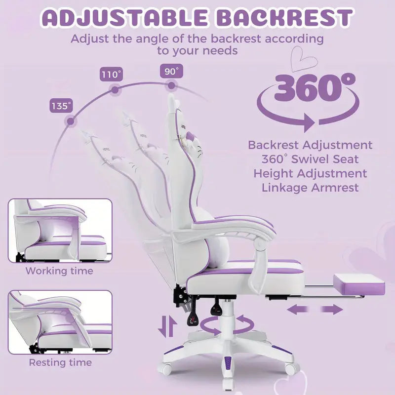 Cute Cat Ear Gaming Chair – Massage Lumbar Cushion, Footrest, USB Powered, White & Purple