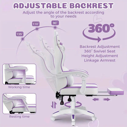 Cute Cat Ear Gaming Chair – Massage Lumbar Cushion, Footrest, USB Powered, White & Purple