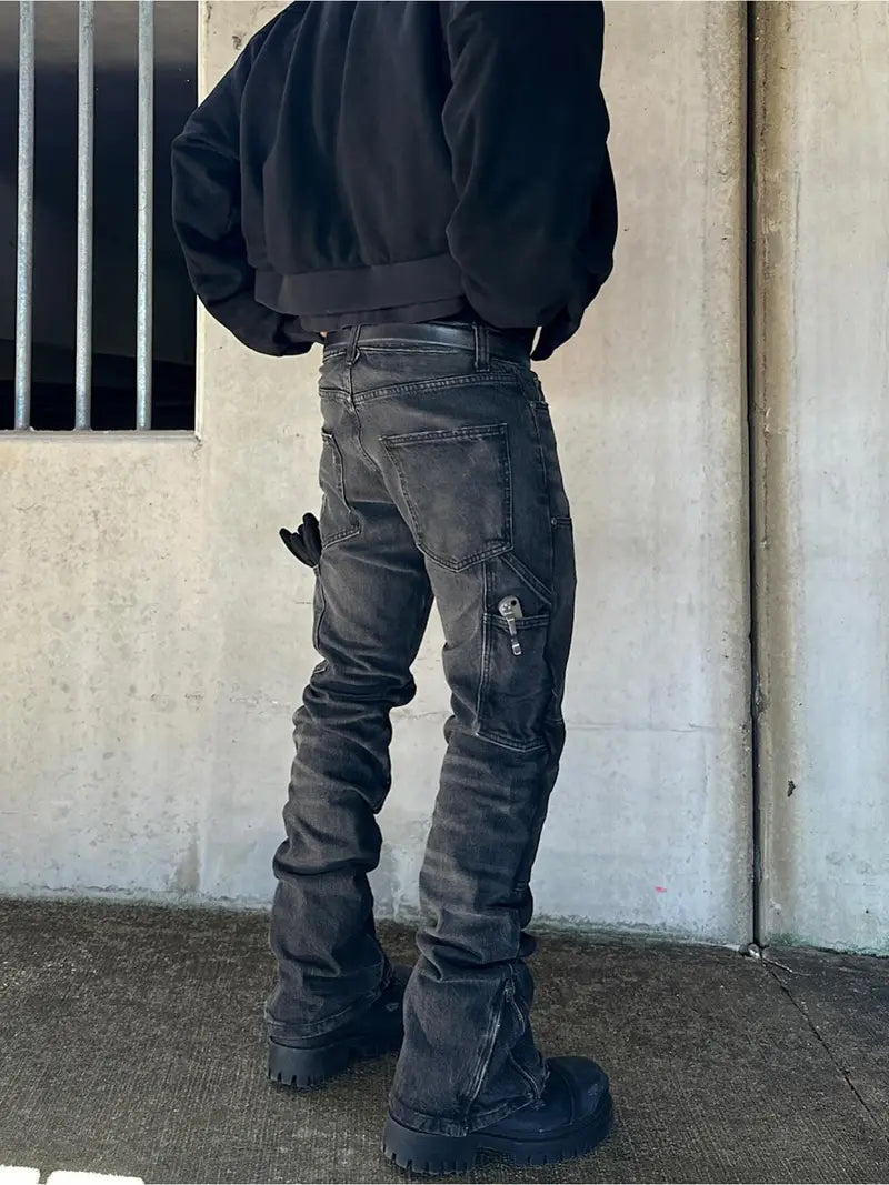 Men’s Stretch Denim Jeans – Heavy Stitching Straight-Leg Pants with Side Zipper & Streetwear Fit