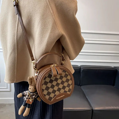 Women’s Elegant Coffee Brown Crossbody Bag – Large Capacity Shoulder Purse with Checkered Pattern, Golden Hardware & Oiled Edge Finish