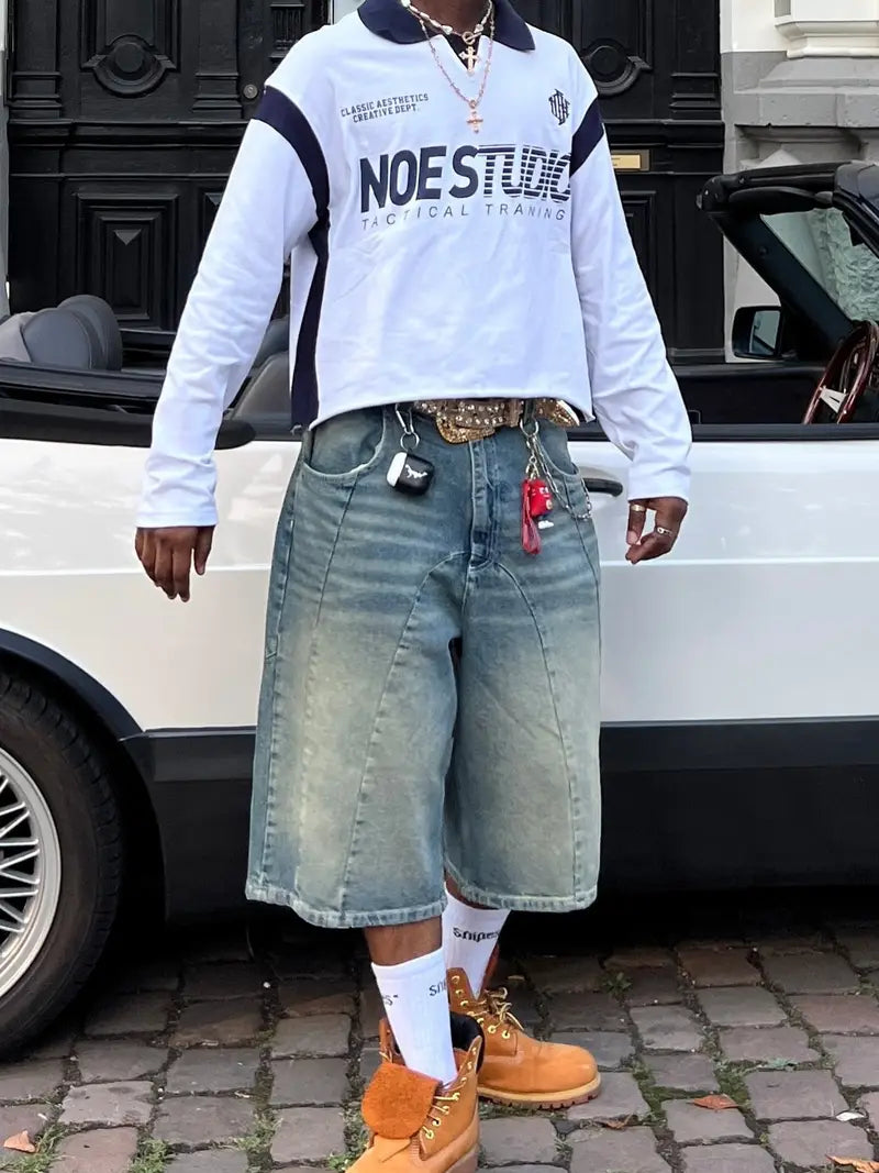 Men’s Washed Denim Shorts – Solid Color Knee-Length Loose Fit with Retro Style for Summer Streetwear