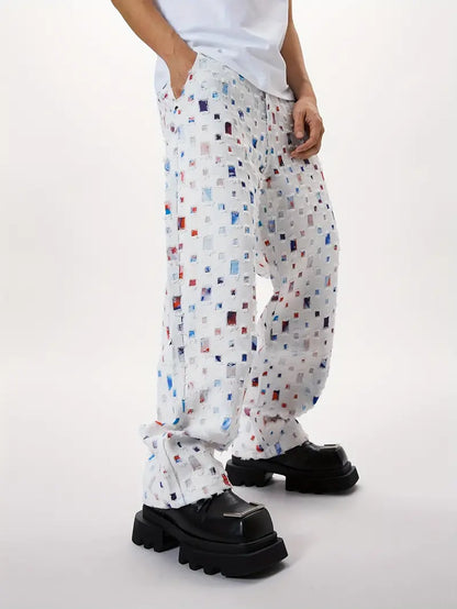 Men’s Baggy White Jeans – Y2K Skateboard Style Straight-Leg Denim with Floral Lattice Print