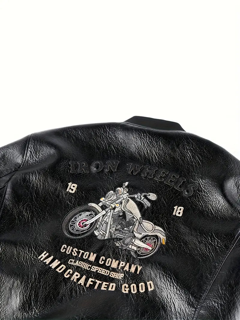 Men's Vintage Bomber Jacket PU Leather Zip-Up Baseball Collar with Patches Brown Glossy Outerwear Brown