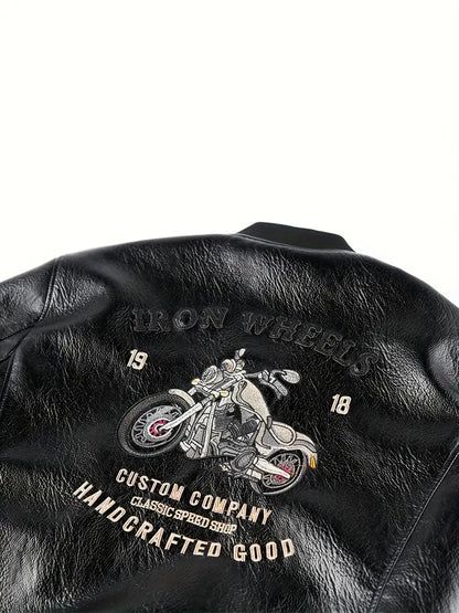 Men's Vintage Bomber Jacket PU Leather Zip-Up Baseball Collar with Patches Brown Glossy Outerwear Brown