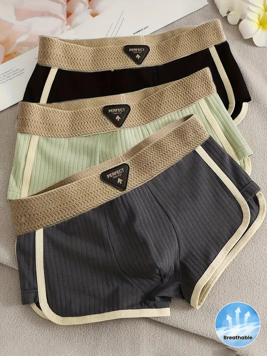 3pcs Men's Boxer Briefs – Breathable Stretch Underwear, Geometric Pattern, Elastic Waistband