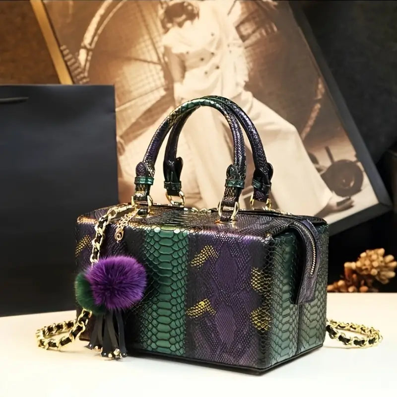 High-End Snake Print Genuine Leather Shoulder Bag – Vintage Style Mom Handbag with Zipper Closure, Edge Paint Detail & Lined Interior