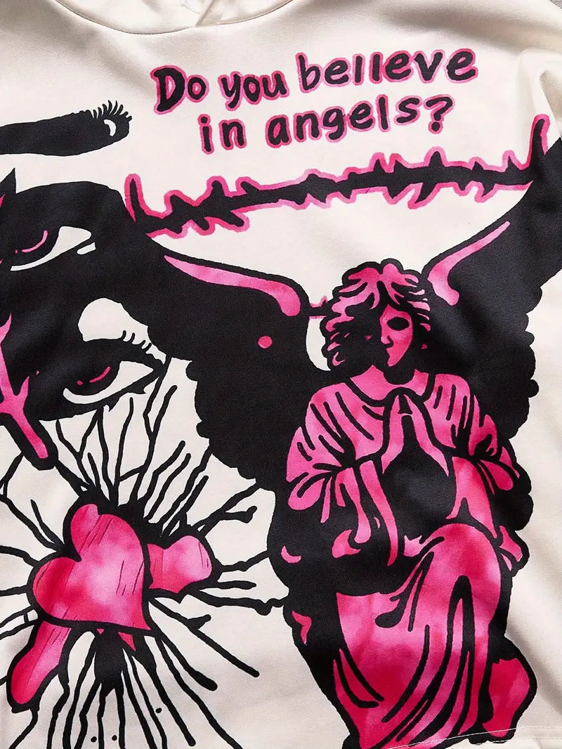 Men's 3D Angel Heart Hoodie Set Polyester Casual Streetwear Two-Piece Outfit with Graphic Sweatshirt & Pants White/Pink