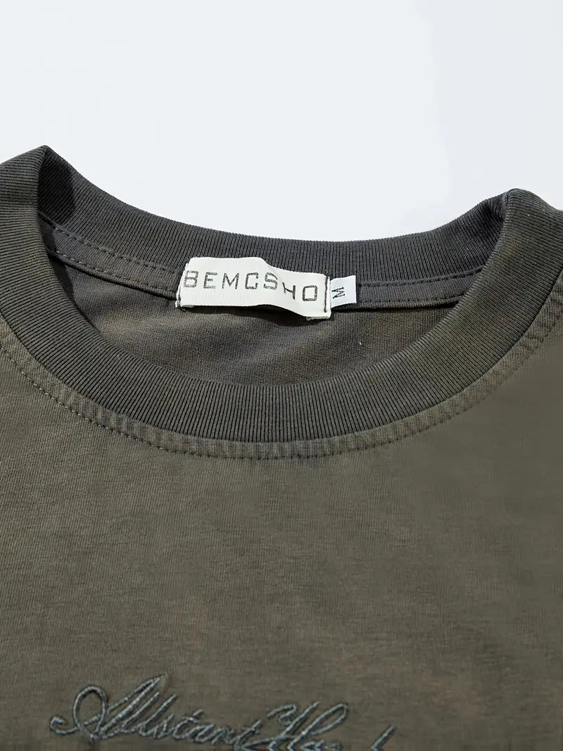 Men's Vintage Washed Tie-Dye T-Shirt Embroidered Letters Loose Fit Crew Neck Short Sleeve Summer Top Khaki