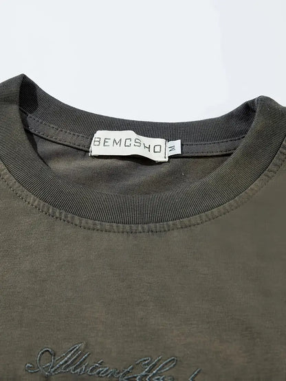 Men's Vintage Washed Tie-Dye T-Shirt Embroidered Letters Loose Fit Crew Neck Short Sleeve Summer Top Khaki