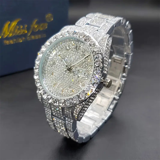 Classic Business Quartz Watch with Iced Rhinestone Finish