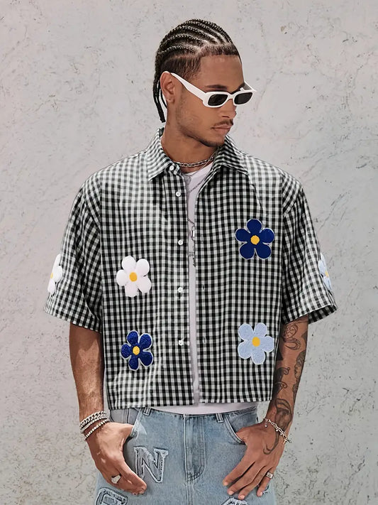 Men's White Gingham Shirt with Floral Embroidery Short Sleeve Button-Up Lightweight Summer Streetwear