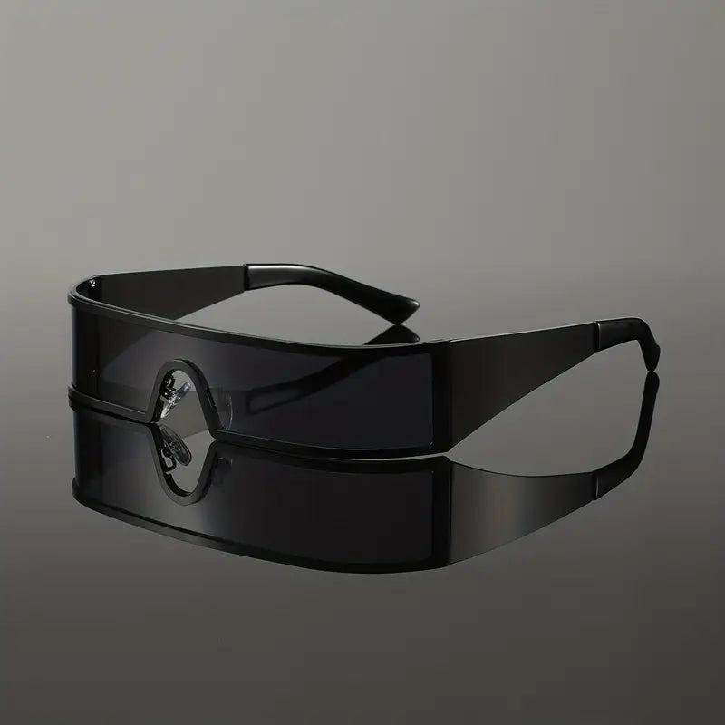 Cyberpunk Wrap-Around Fashion Glasses – One-Piece Metal Frame with Wide-Leg Lens Design, Futuristic Streetwear Eyewear