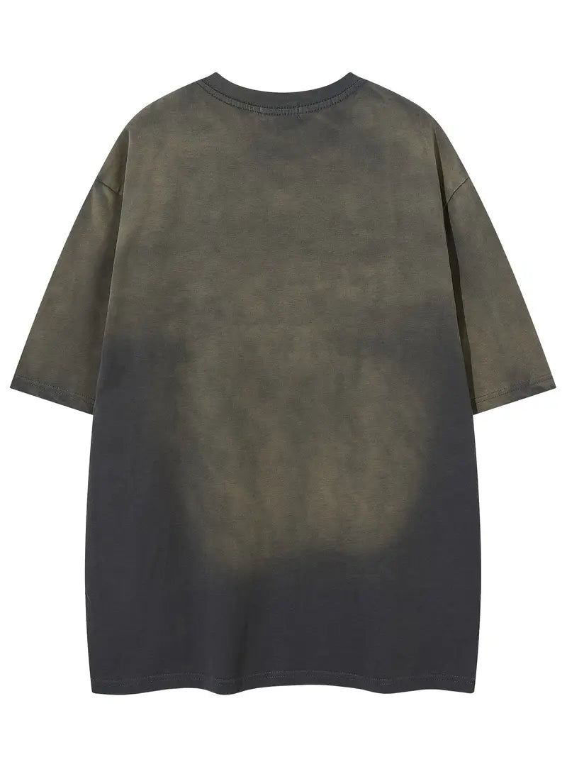 Men's Vintage Washed Tie-Dye T-Shirt Embroidered Letters Loose Fit Crew Neck Short Sleeve Summer Top Khaki