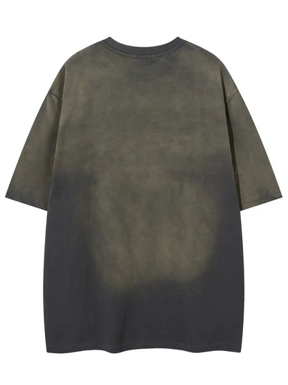 Men's Vintage Washed Tie-Dye T-Shirt Embroidered Letters Loose Fit Crew Neck Short Sleeve Summer Top Khaki