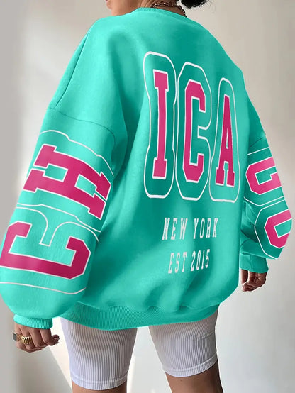 Women's Neon Lettering Sweatshirt Oversized Crewneck Pullover Smooth Texture Machine Washable Casual Elegant