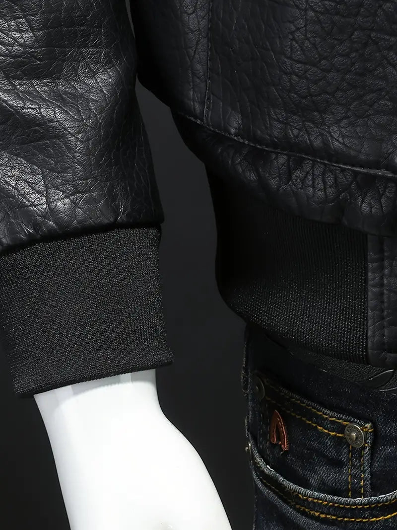 Men's Windproof PU Leather Jacket Stand Collar Zipper Casual Outerwear for Autumn Winter