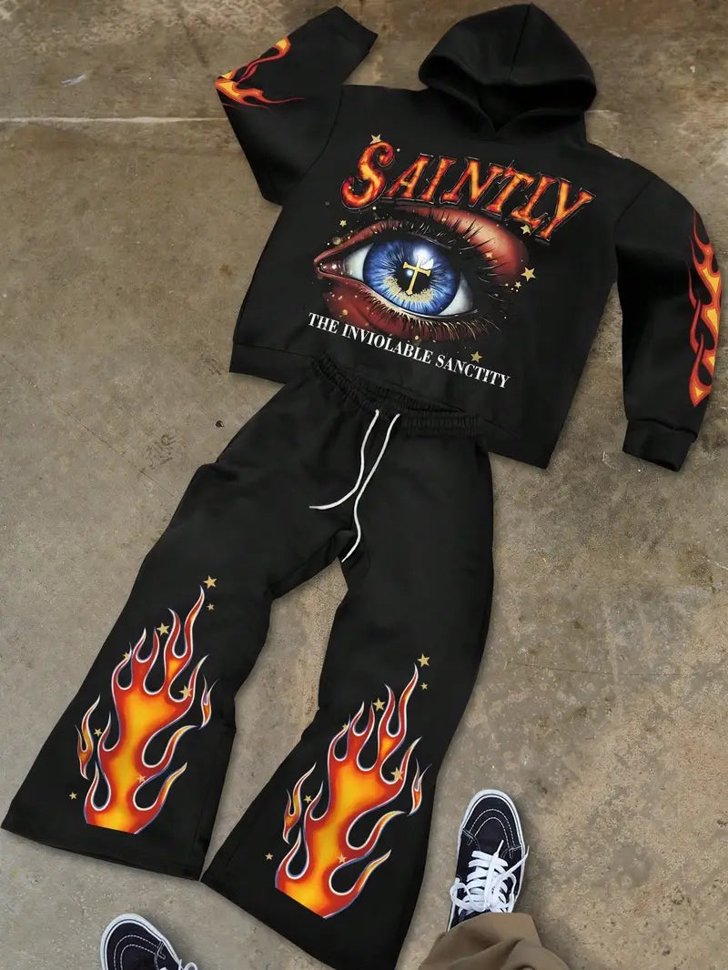 Men's Two-Piece Streetwear Set Hoodie and Sweatpants Printed Eyes Flame Slogan Graphic Fall Winter Tracksuit