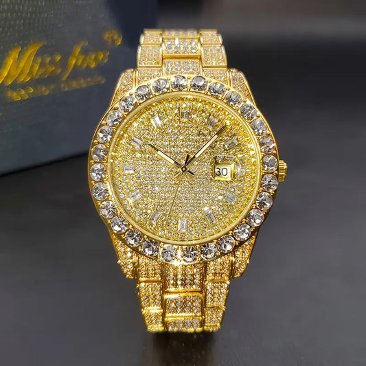 Classic Business Quartz Watch with Iced Rhinestone Finish Gold