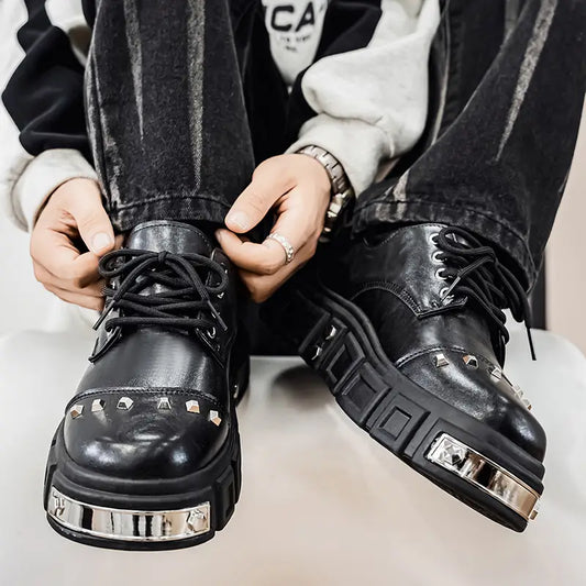 Unisex British Style Chunky Platform Derby Shoes – Rivet Accent, Casual & Semi-Formal