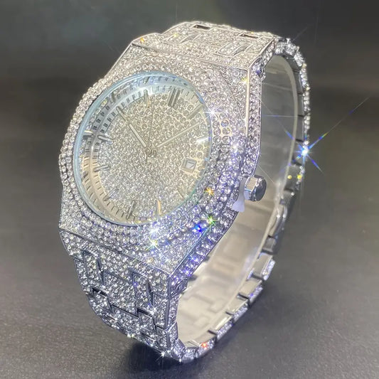 MISS FOX Glam Quartz Watch – Unisex Hip-Hop Cuban Link Design, Luminous Blue Dial, Rhinestone Bezel & Alloy Band