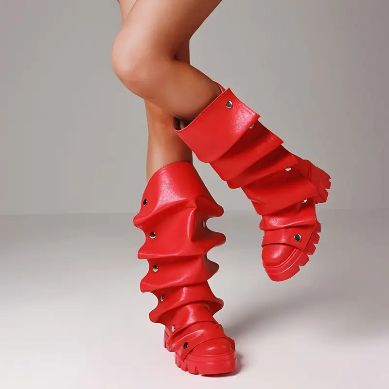Women’s Chunky Platform Mid-Calf Boots – Punk Style Pull-On Design with Non-Slip Rubber Sole & Glossy PU Cover